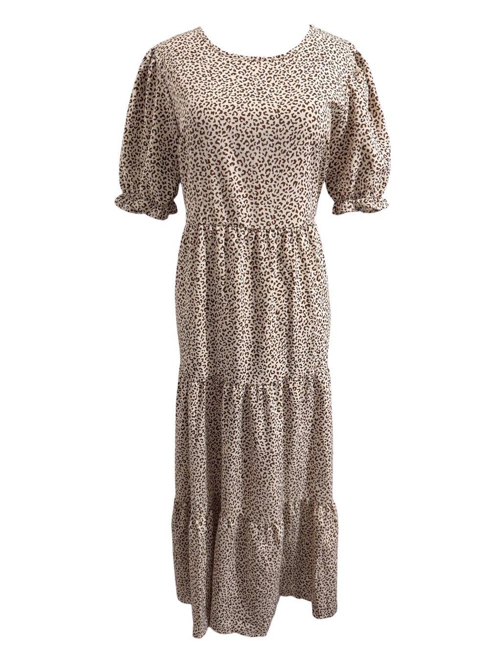 PrettyGarden Leopard Print Ruffle Tiered Maxi Dress Puff Sleeves Size Medium